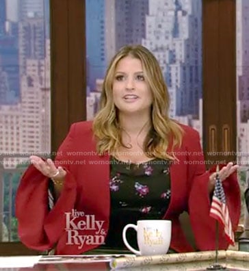 Sisanie's black floral cold-shoulder top and red blazer on Live with Kelly and Ryan