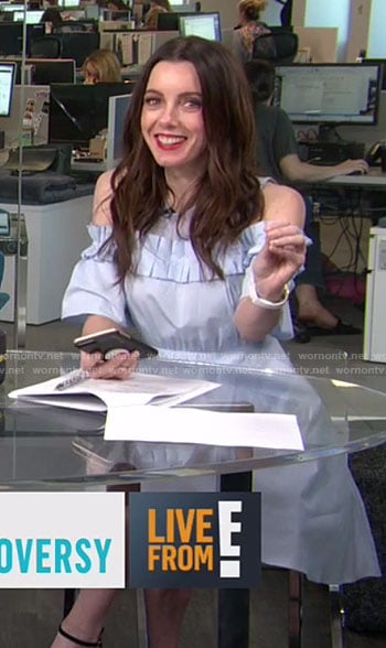 Melanie’s blue cold-shoulder ruffle dress on E! News