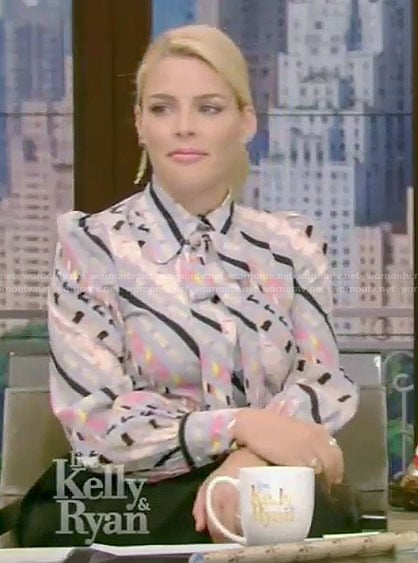 Busy Philipps’s blue printed tie-neck blouse on Live with Kelly and Ryan
