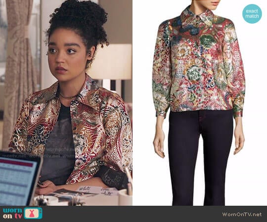 Burberry Floral Metallic Jacquard Flared-Sleeve Shirt worn by Kat Edison (Aisha Dee) on The Bold Type