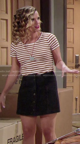 Chelsea's tan striped top and black skirt on The Young and the Restless