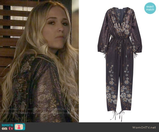 Chloe Metallic striped floral-print cotton-blend jumpsuit worn by Maddie Jaymes (Lennon Stella) on Nashville