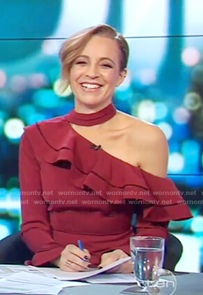 Carrie’s red one off shoulder ruffled dress on The Project