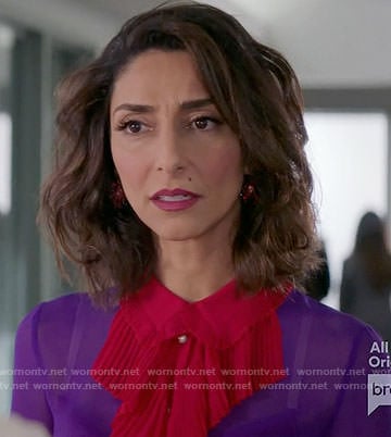 Delia's purple blouse with red ruffle front on Girlfriends Guide to Divorce