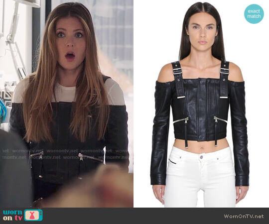 Diesel Black & Gold Off the Shoulders Cropped Leather Jacket worn by Sutton (Meghann Fahy) on The Bold Type