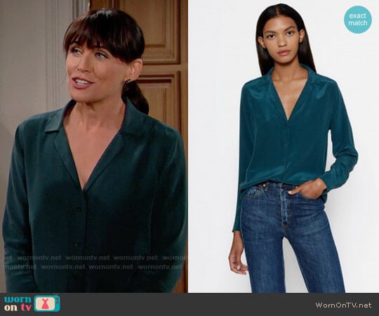 Equipment Adalyn Silk Shirt in Eden Green worn by Quinn Fuller (Rena Sofer) on The Bold and the Beautiful