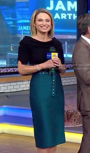 Amy’s black top and green belted pencil skirt on Good Morning America