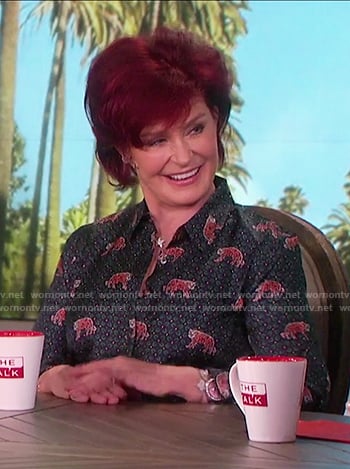 Sharon's tiger print silk button up top on The Talk