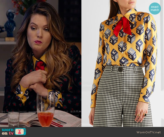 Gucci Pussy-bow printed silk-twill shirt worn by Sutton (Meghann Fahy) on The Bold Type