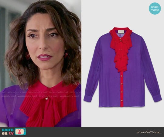 Gucci Silk Ruffle Front Shirt worn by Delia (Necar Zadegan) on Girlfriends Guide to Divorce