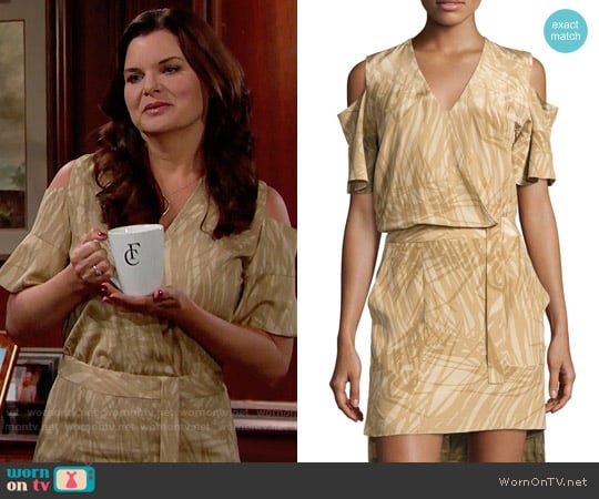 Halston Heritage Khaki Botanical Print Cold Shoulder Dress worn by Katie Logan (Heather Tom) on The Bold and the Beautiful