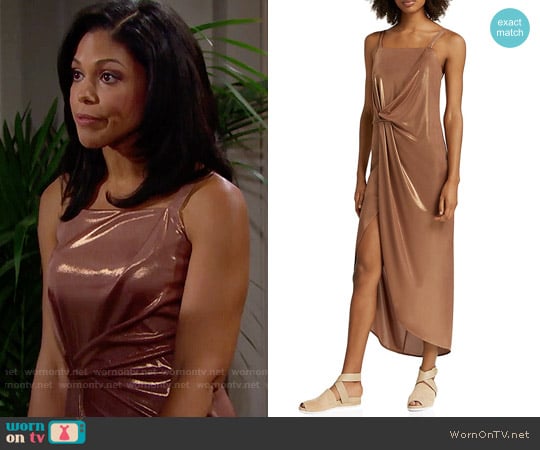 Halston Heritage Metallic Jersey Dress in Copper worn by Maya Avant (Karla Mosley) on The Bold and the Beautiful