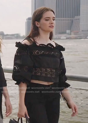 Jane's black embroidered cold shoulder crop top on The Bold Type