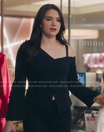 Jane’s black one-shoulder jacket on The Bold Type