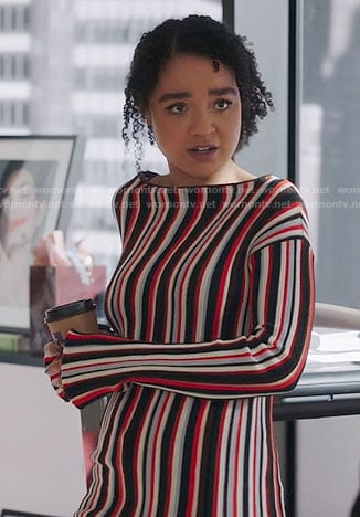 Kat’s red striped long sleeved dress on The Bold Type