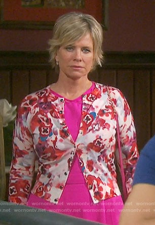 Kayla's pink dress and floral cardigan on Days of our Lives