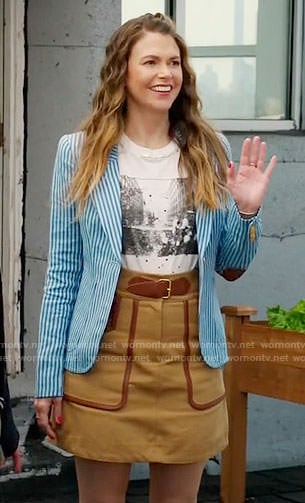 Liza's blue striped blazer and camel belted skirt on Younger