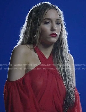 Maddie’s red cold-shoulder gown on Nashville