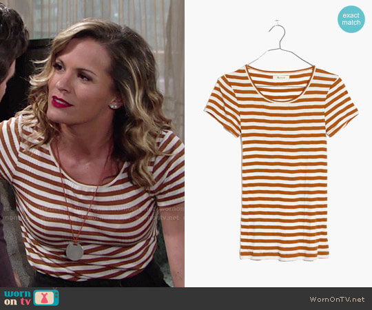 Madewell Slim Ribbed Tee in Sandoval Stripe in Golden Pecan worn by Chelsea Lawson (Melissa Claire Egan) on The Young and the Restless