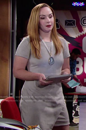 Mariah’s short sleeve suede dress and agate pendant necklace on The Young and the Restless