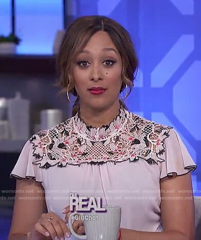 Tamera’s nude floral embroidered top and jeans on The Real