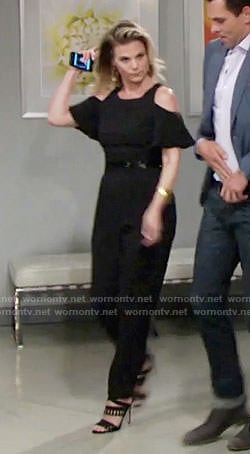 Phyllis's black cold-shoulder jumpsuit on The Young and the Restless