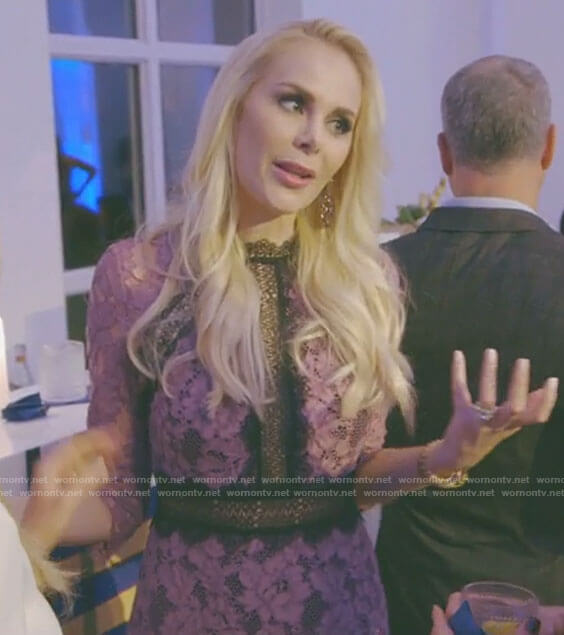 Kameron’s purple floral embroidered lace midi dress on The Real Housewives of Dallas