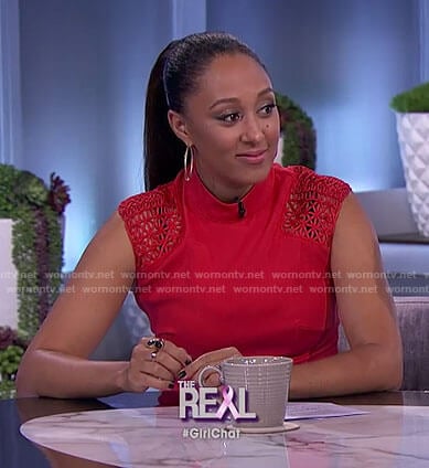 Tamera’s red lattice shoulder top on The Real