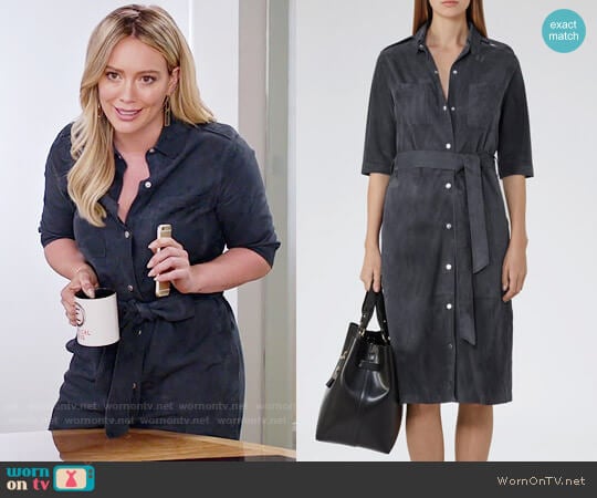 Reiss Chloe Suede Shirtdress in Airforce Blue worn by Kelsey Peters (Hilary Duff) on Younger