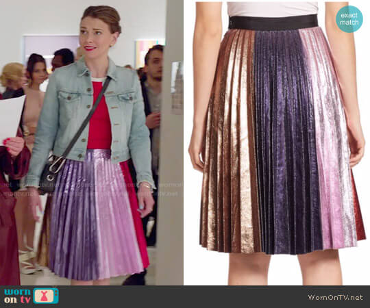 Romance was Born Metallic Accordion Pleated Skirt worn by Liza Miller (Sutton Foster) on Younger