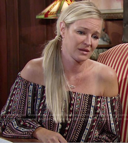 Sharon’s floral off-shoulder top on The Young and the Restless