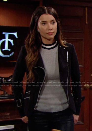 Steffy’s silver top and black moto jacket on The Bold and the Beautiful