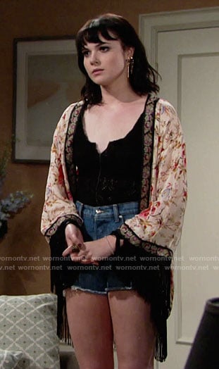 Tessa’s black pointelle top and fringed kimono on The Young and the Restless