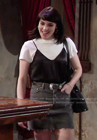 Tessa’s black cami with white tee and denim skirt on The Young and the Restless