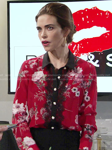 Victoria’s red floral blouse with black lace on The Young and the Restless