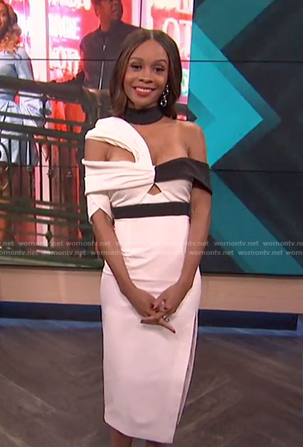 Zuri's white one off-shoulder dress with cutouts on E! News