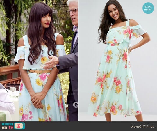 ASOS Cami Cold Shoulder Flutter Sleeve Midi Dress in Floral Print worn by Tahani Al-Jamil (Jameela Jamil) on The Good Place