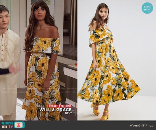 ASOS Golden Floral Bardot Midi Dress worn by Tahani Al-Jamil (Jameela Jamil) on The Good Place