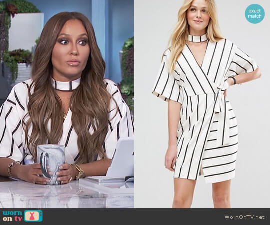 Wrap Dress with Choker Detail in Stripe by ASOS worn by Adrienne Houghton on The Real