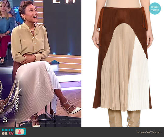 Colorblock Pleated Midi Skirt by Agnona worn by Robin Roberts on Good Morning America