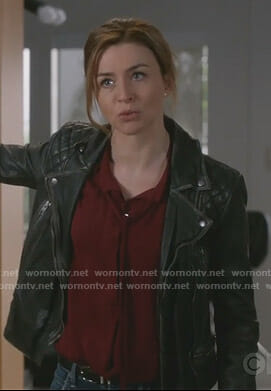 Amelia's black moto jacket on Grey's Anatomy