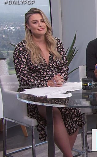 Carissa’s black floral slit dress on E! News Daily Pop