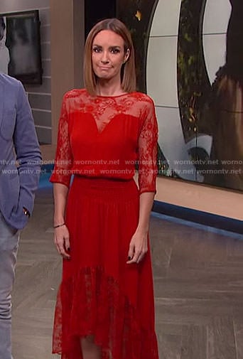 Catt’s red asymmetric lace dress on E! News