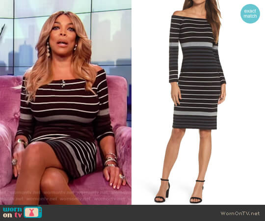 Off the Shoulder Stripe Sheath Dress by Eliza J worn by Wendy Williams on The Wendy Williams Show