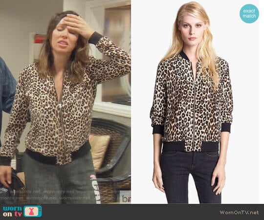 Abbot Leopard Print Silk Bomber Jacket by Equipment worn by Kelly Dodd on The Real Housewives of Orange County