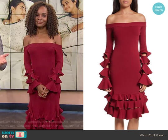 Slashed Knit Ruffle Off the Shoulder Dress by Jonathan Simkhai worn by Zuri Hall on E! News