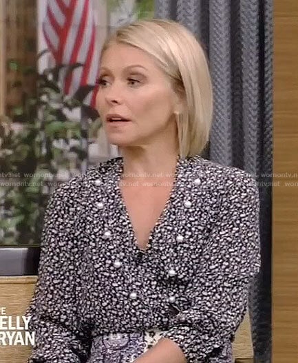 Kelly’s black floral blouse with pearls and print skirt on Live with Kelly and Ryan