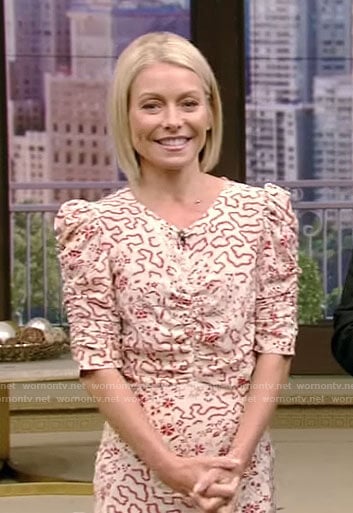 Kelly’s white floral ruched sleeve dress on Live with Kelly and Ryan