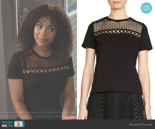 'Toby' Lace-Inset Top by Maje worn by Aaliyah Luckett (Raney Branch) on Being Mary Jane