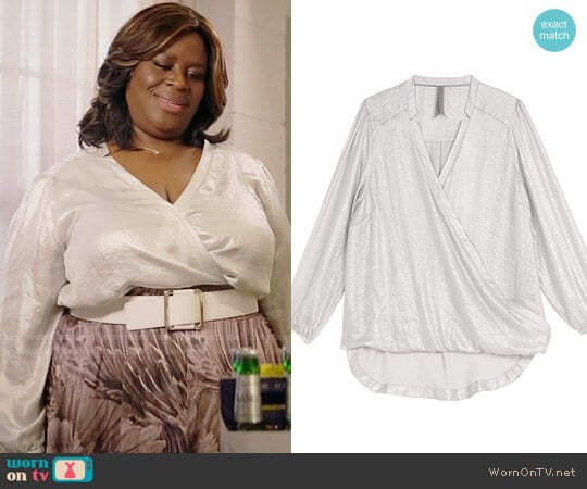 Melissa McCarthy Seven7 Crinkle Metallic Surplice Notch Collar Top worn by Barbara (Retta) on Girlfriends Guide to Divorce